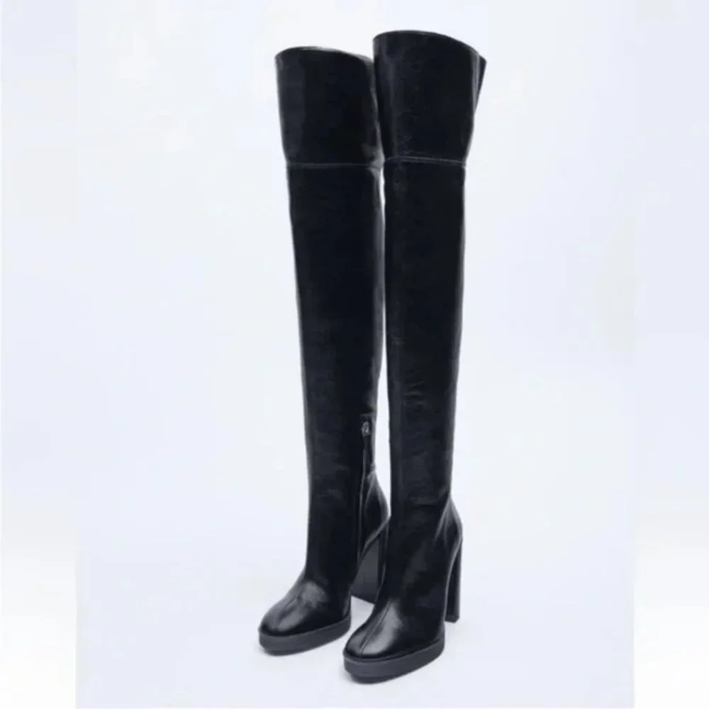 Zara Over The Knee Leather Boots with Faux Shearling Lining